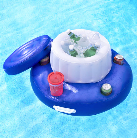 Blue and white inflatable, floating cooler with a lid and cupholders.