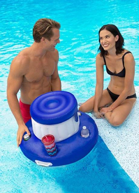 Blue and white inflatable, floating cooler with a lid and cupholders.