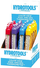 This image shows the different thermometers in a display box. It reads "HydroTools by Swimilne. Color View Pool and Spa Thermometer."