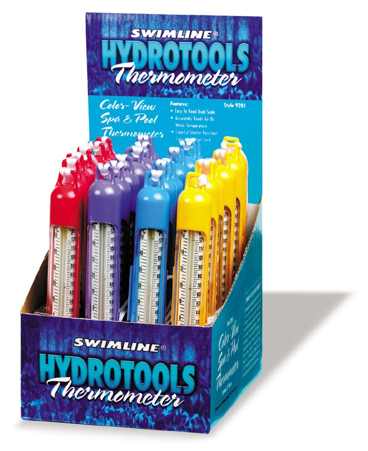 This image shows the different thermometers in a display box. It reads "HydroTools by Swimilne. Color View Pool and Spa Thermometer."