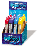 This image shows the different thermometers in a display box. It reads "HydroTools by Swimilne. Color View Pool and Spa Thermometer."