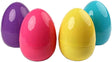 Four fillable plastic Easter egg decorations. One egg is purple. One egg is pink. One egg is yellow. One egg is blue