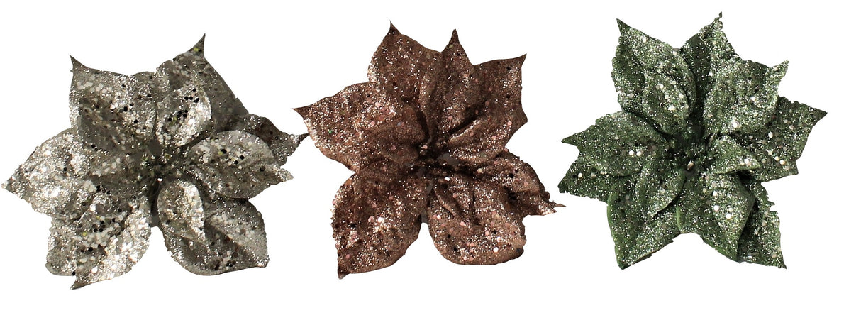 Clip-On Glitter Poinsettia Ornament (Rose Gold/Champagne/Mint)