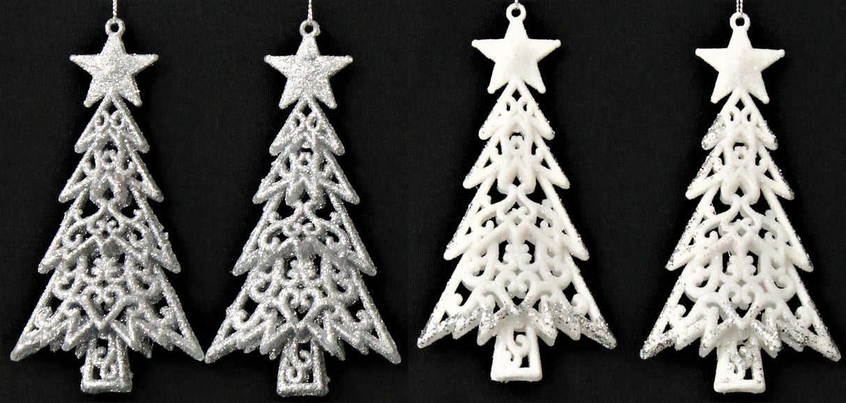 2-Pack of Shatterproof Glitter Tree Shaped Ornaments (Silver/White)