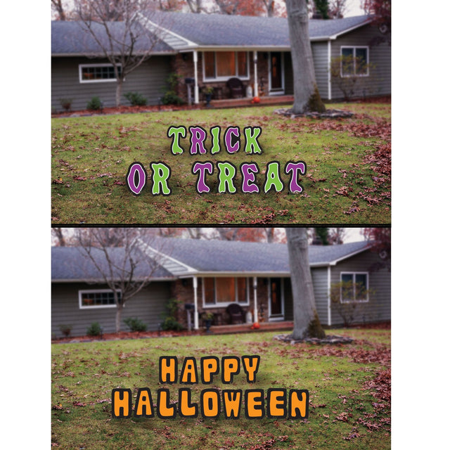 Halloween banner decoration. There are two options. One reads "Trick or Treat" in purple and green letters. The other reads "Happy Halloween" in orange letters with black borders.
