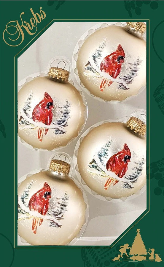 4-Pack of Oyster Velvet Glass Ball Ornaments with Vintage Watercolor Cardinals