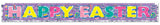 A metallic banner that reads "HAPPY EASTER" and features multi-colored eggs on a purple background. The colors of the text are light pink, yellow, teal, bright pink and yellow.
