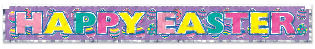 A metallic banner that reads "HAPPY EASTER" and features multi-colored eggs on a purple background. The colors of the text are light pink, yellow, teal, bright pink and yellow.