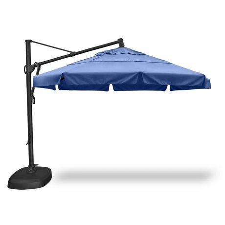 Octagon-shaped umbrella with a black frame and an indigo/blue colored umbrella fabric.
