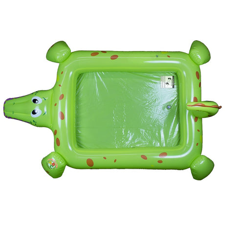 Inflatable pool for kids shaped like a square crocodile.