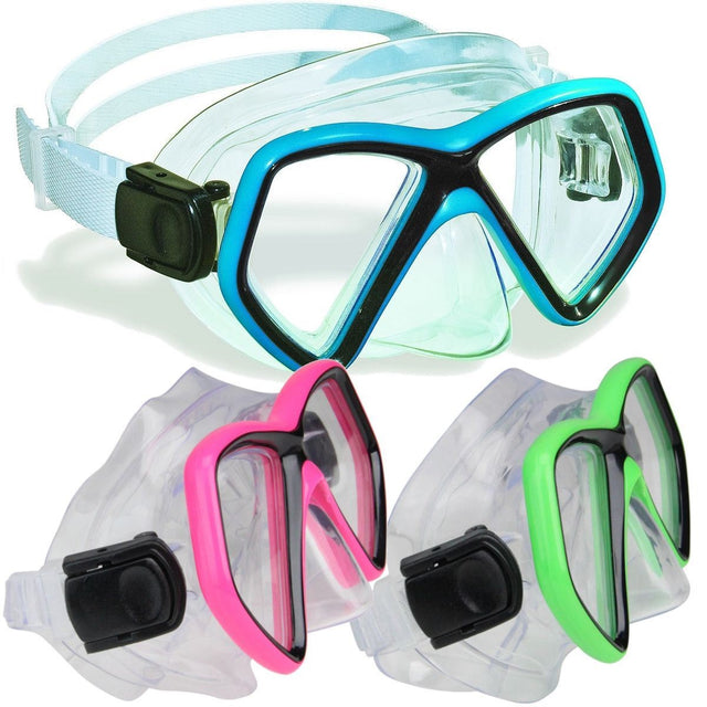 Clear swimming mask in 3 different, neon color options: blue, pink or green.