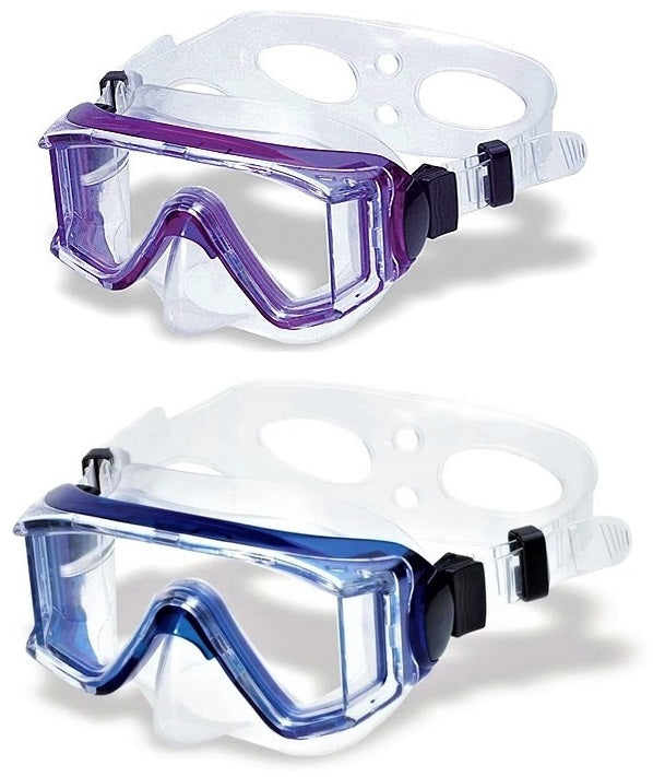 Clear swimming mask. There are two color options: purple or blue.