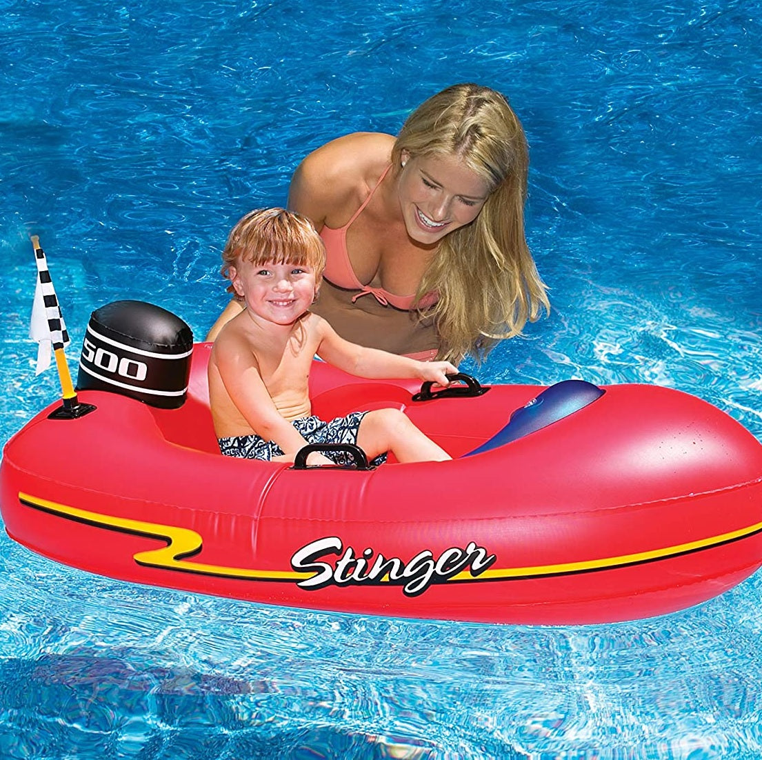 Pool float for kids shaped like a red speedboat.