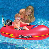 Pool float for kids shaped like a red speedboat.