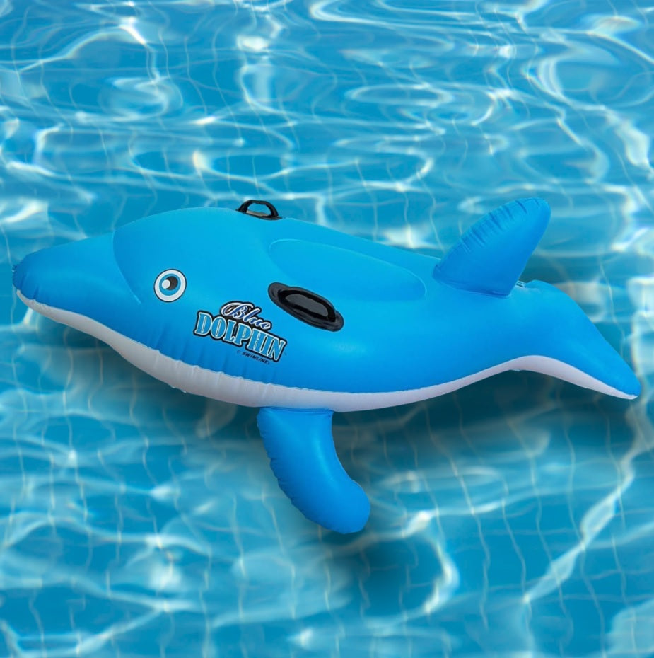 Pool ride on for kids shaped like a blue dolphin.