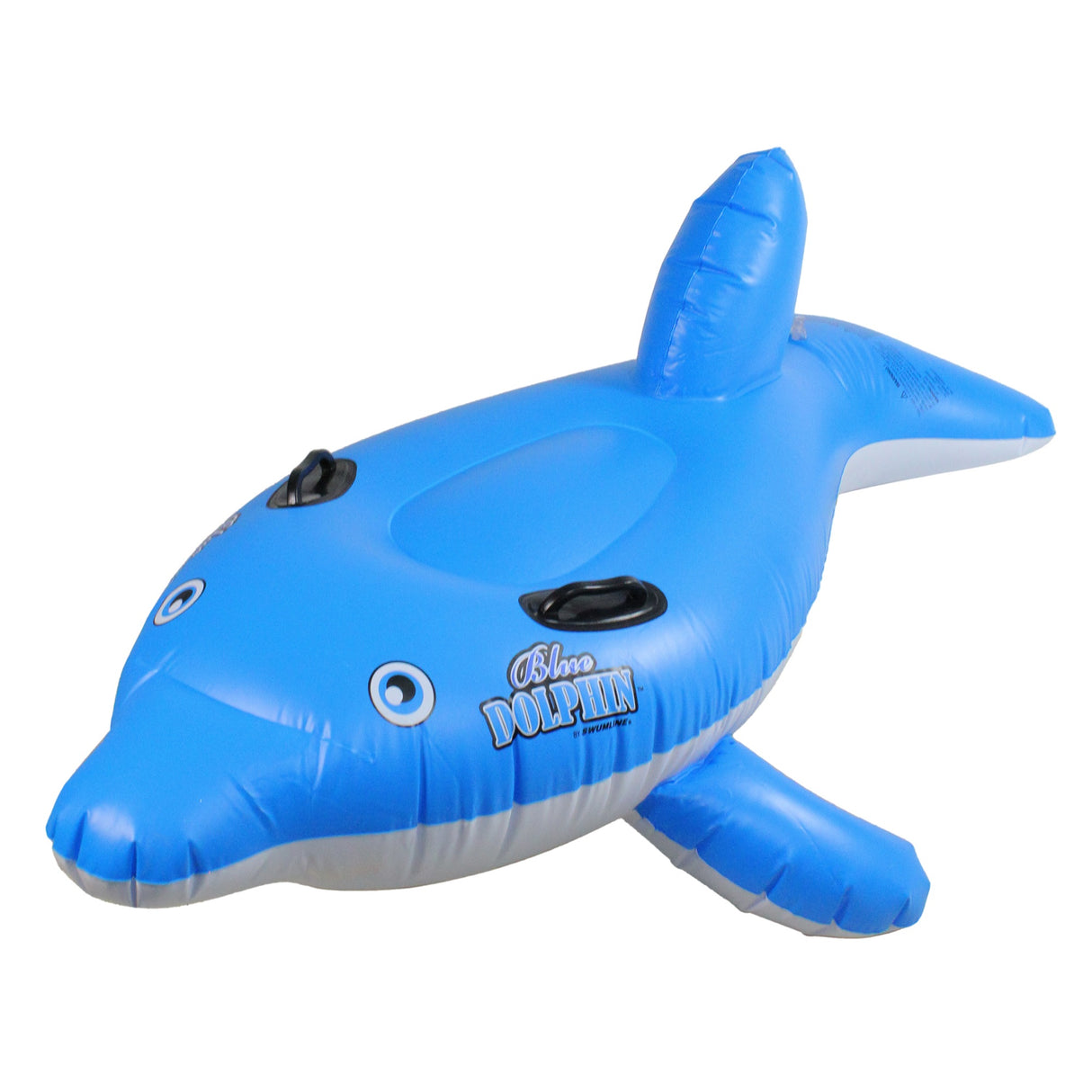 Pool ride on for kids shaped like a blue dolphin.