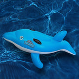 Pool ride on for kids shaped like a blue dolphin.