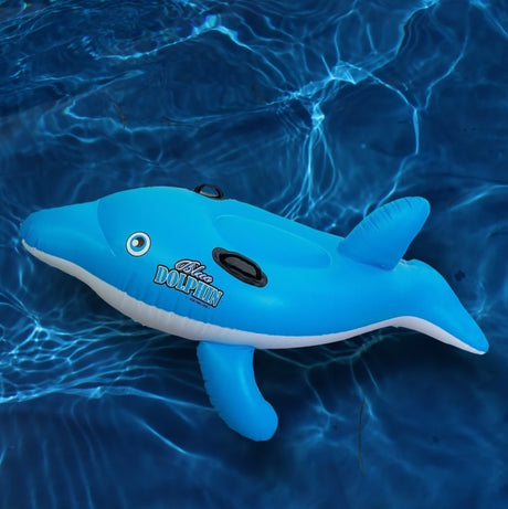 Pool ride on for kids shaped like a blue dolphin.