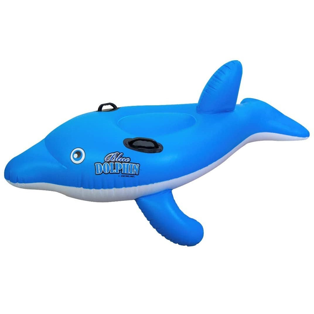 Pool ride on for kids shaped like a blue dolphin.