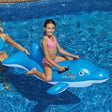 Pool ride on for kids shaped like a blue dolphin.