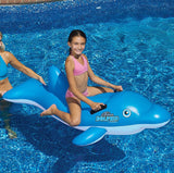 Pool ride on for kids shaped like a blue dolphin.