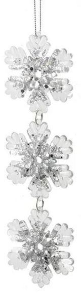 Clear and silver glitter snowflake ornaments.