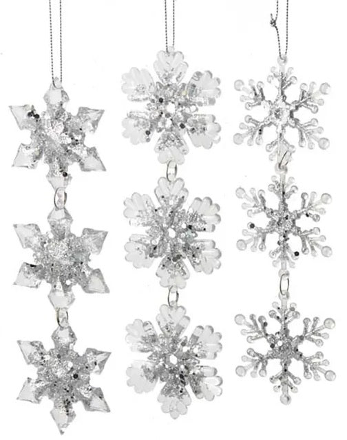 Clear and silver glitter snowflake ornaments.
