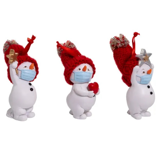 Snowmen Wearing Mask Holding Heart and Star Ornament