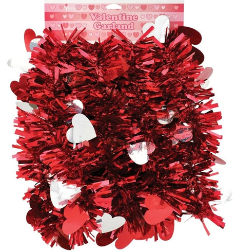 Red decorating tinsel with red and pink holographic hearts.