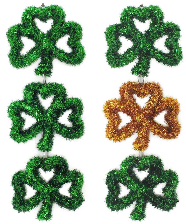 Hanging tinsel decoration for St. Patrick's day consisting of three shamrocks.