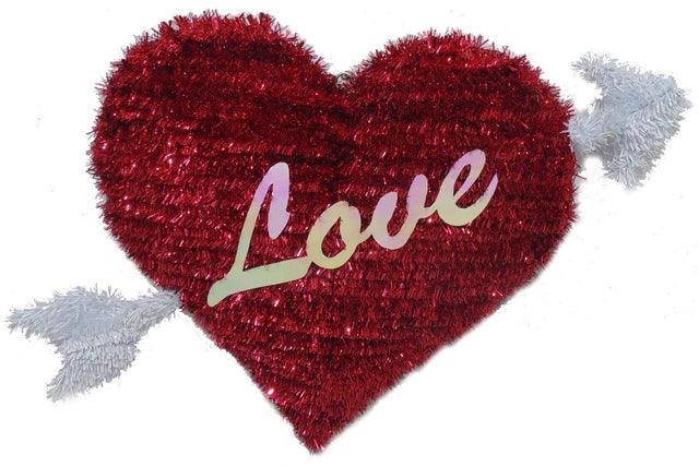 Tinsel decoration for Valentine's Day. Red tinsel heart with a white arrow though it. In the middle, it reads "LOVE" in a cursive, holographic font.
