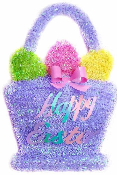 A purple tinsel basket decoration for Easter