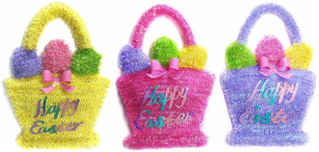 Tinsel wreath decorations for Easter. One basket is pink with a purple, pink and lime green egg. One basket is pink with a purple, lime green and yellow egg. One basket is purple with a lime green, pink and yellow egg. Each basket reads "Happy Easter"