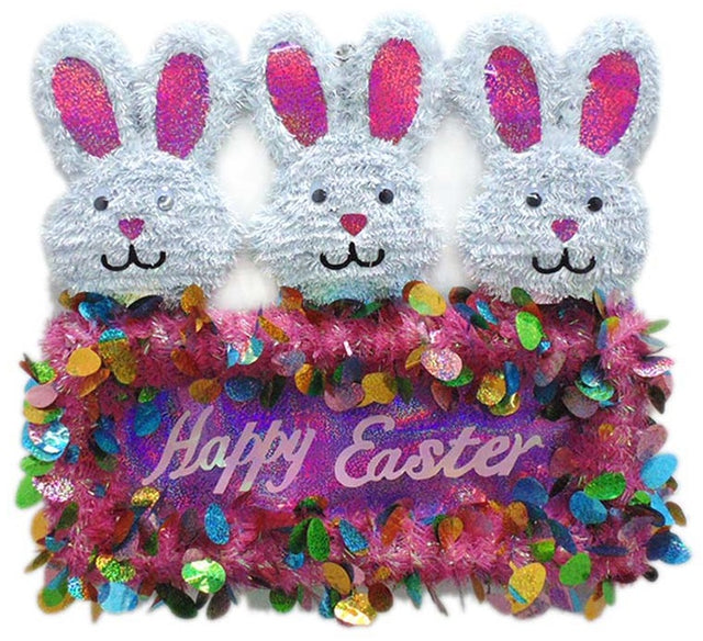 A tinsel hanging decoration made up of three smiling bunny heads holding a sign that reads "HAPPY EASTER" and is decorated with a bunch of small, different colored eggs