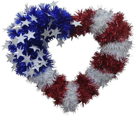 Tinsel wreath decoration shaped like a heart. It's designed to look like the American flag. Left side is blue with white hearts and the right side is white and red striped.