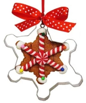 Ornaments designed to look like cookies in silver cut outs or on trays.