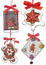 Ornaments designed to look like cookies in silver cut outs or on trays.