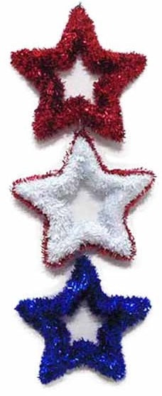 Patriotic hanging decoration made out of red, white and blue tinsel. Designed to look like three stars. Top star is red. Middle star has a red border and the inside is white. Blue star is blue.