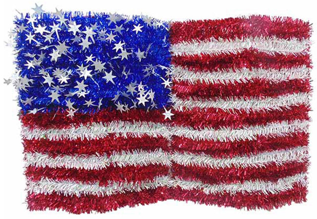 Tinsel wall decoration shaped like the American flag.