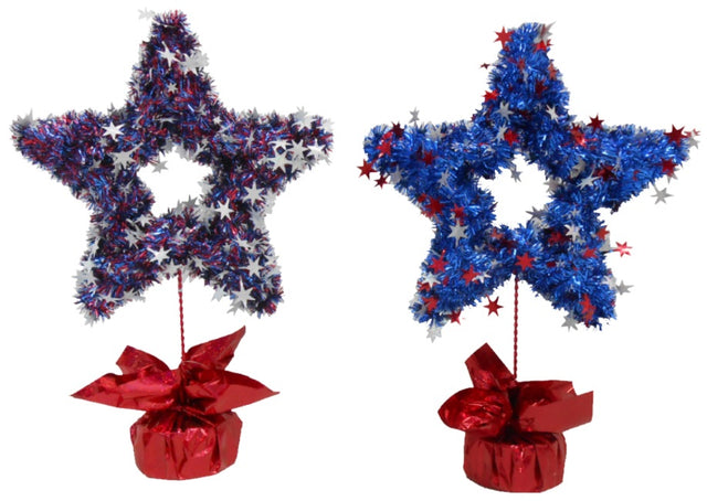 Patriotic tabletop decoration made out of tinsel. This is an image showing the two different options available. They're both shaped like stars with a red, shiny tinsel covered base. One star is dark blue tinsel with red and blue stars. The other is blue with red and white stars.