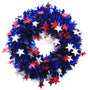 Shiny, blue tinsel wreath with red and white holographic tars.