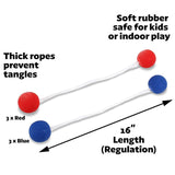 These bolos have thick ropes to prevent tangles and the balls are made of soft rubber that is safe for kids or indoor play. They are 16 inches long (regulation size).