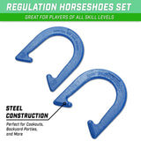 This is a regulation horseshoe set great for players of all skill levels. The horseshoes are made of steel; perfect for cookouts, backyard parties and more.