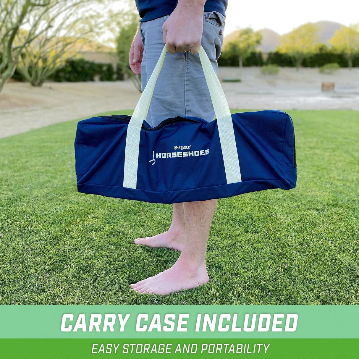 This shows someone carrying the set in the included carrying bag for easy storage and portability.