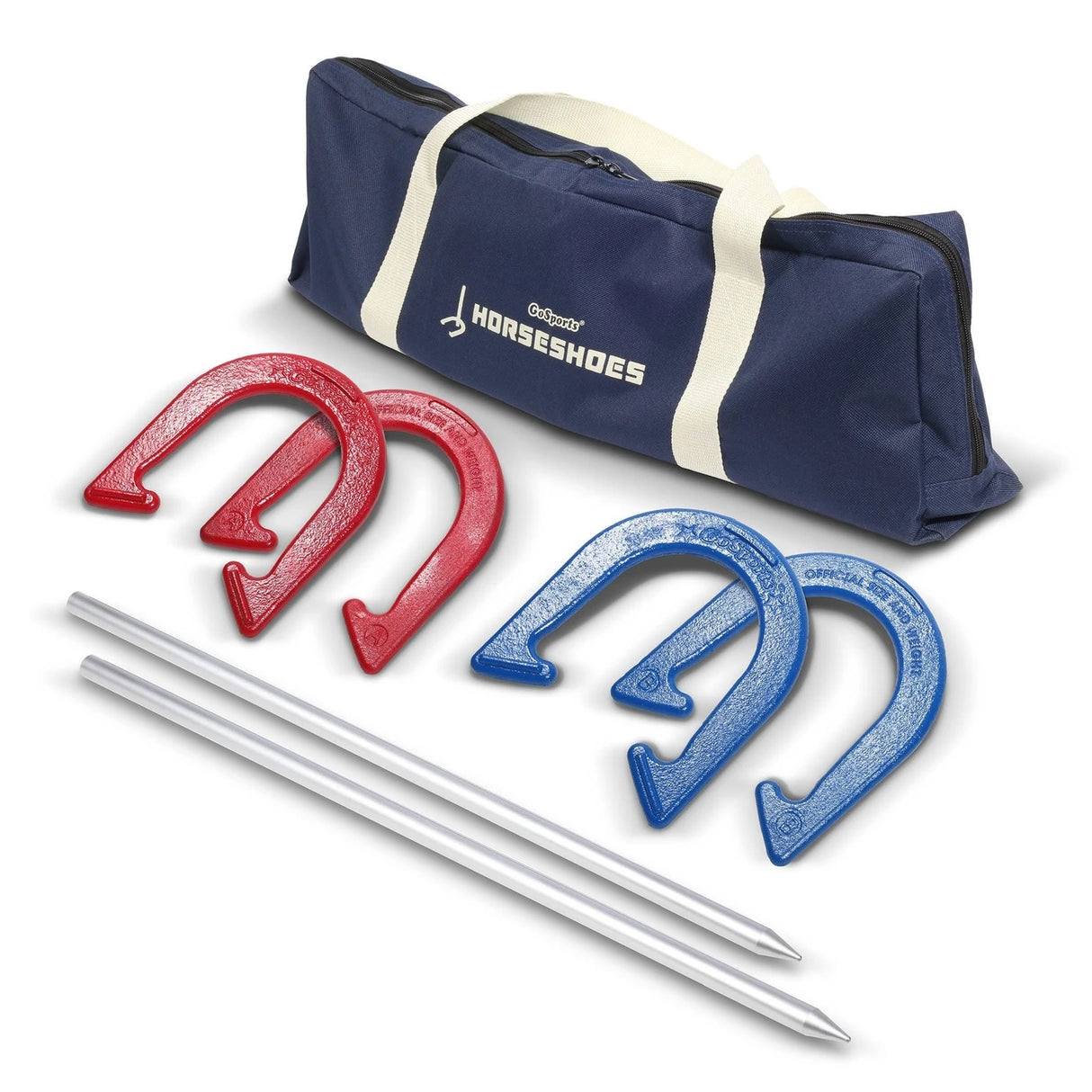 This image shows the set consisting of two red horseshoes, two blue horseshoes, two stakes and the carrying bag.