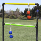 This is a lifestyle image showing two bolos on the ladder toss game.