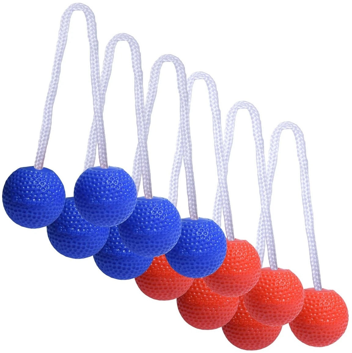 Replacement bolos for a ladder toss game. The bolos consist of two balls on a rope. There are three blue and three red.