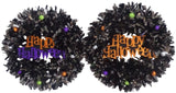 Black tinsel wreath that reads "Happy Halloween."