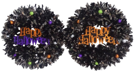 Black tinsel wreath that reads "Happy Halloween."