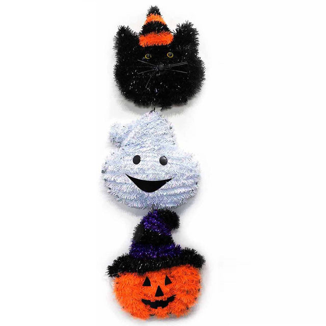 Tinsel hanging decoration for Halloween featuring a black cat wearing an orange and black hat, a white smiling ghost and a pumpkin wearing a black and purple witch hat.